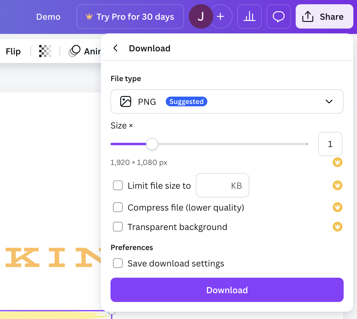 Design download settings in Canva. 