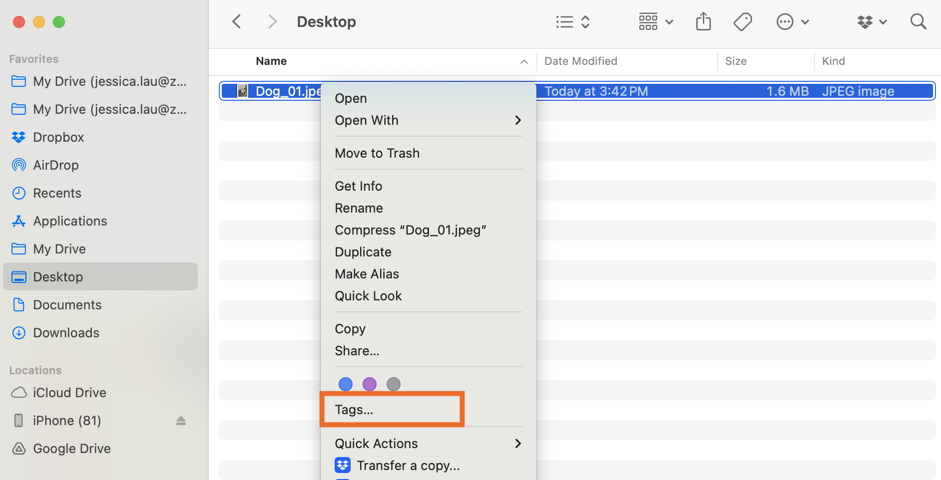 Expanded view of the right-click menu for a file in Finder with tags highlighted. 