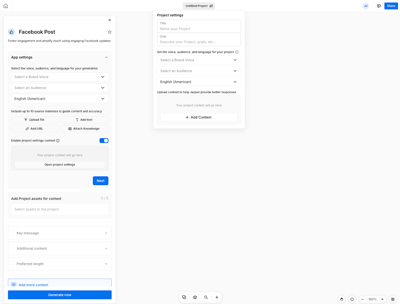 Setting up a Facebook post on Jasper using an app