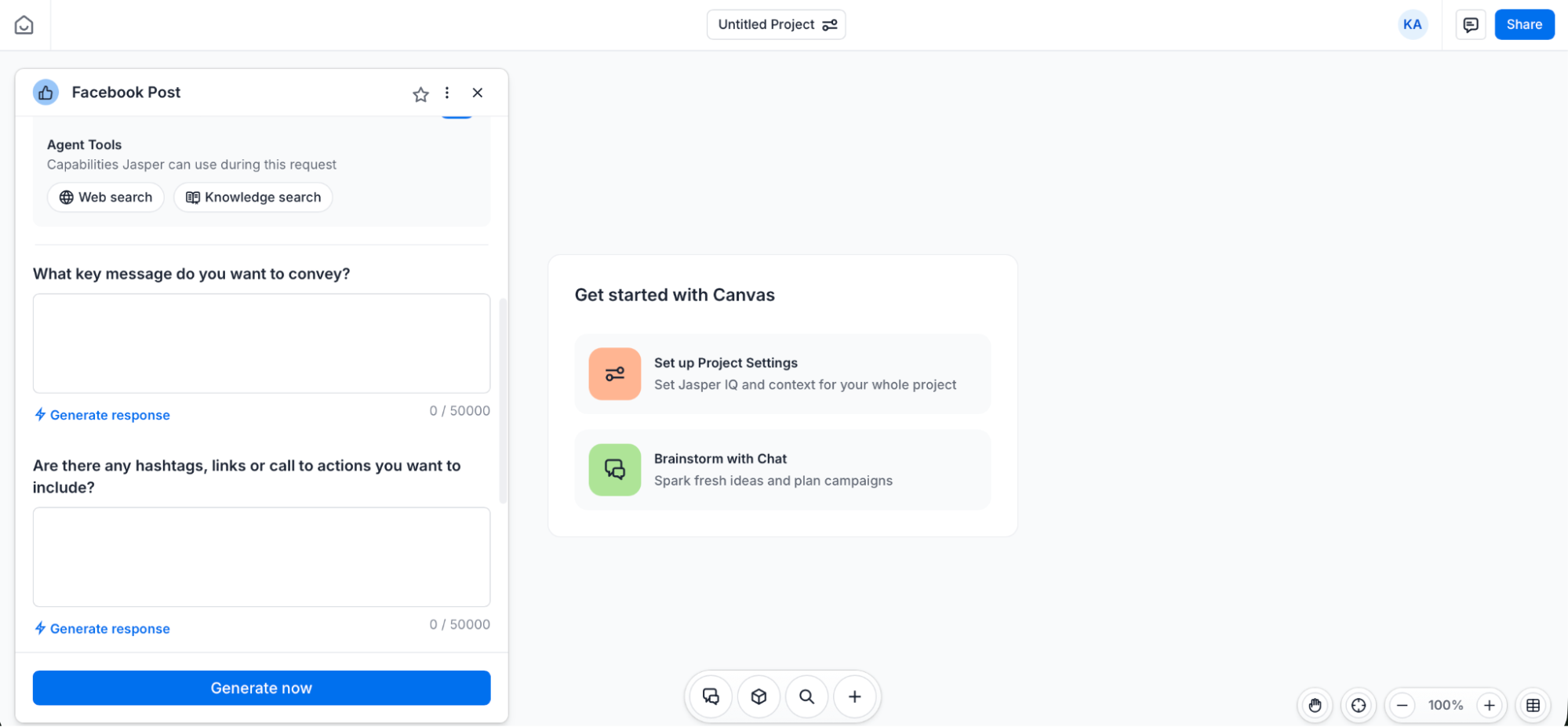 Setting up a Facebook post on Jasper using an app