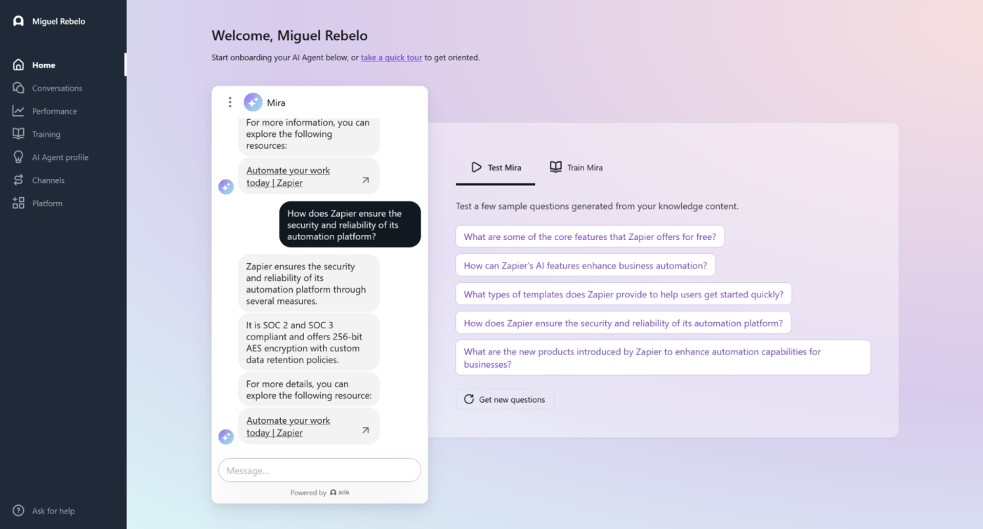 Ada, the best AI chatbot for building a customer support chatbot from multiple data sources