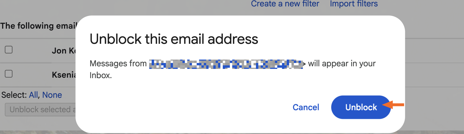 How to confirm you want to unblock a sender in Gmail.
