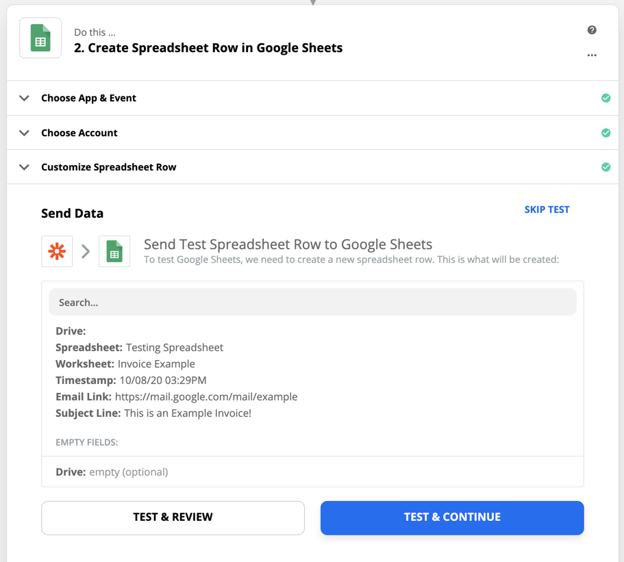 Example of the Send Data section of a Create Spreadsheet Row action, showing the data that the test will send to Google Sheets after you select Test & Review