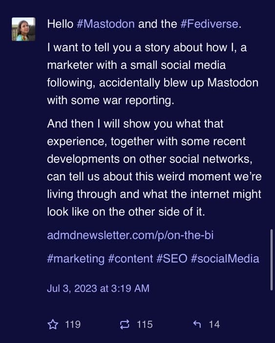 A post from Mariya about how she blew up on Mastodon (the post has hundreds of likes and retweets)