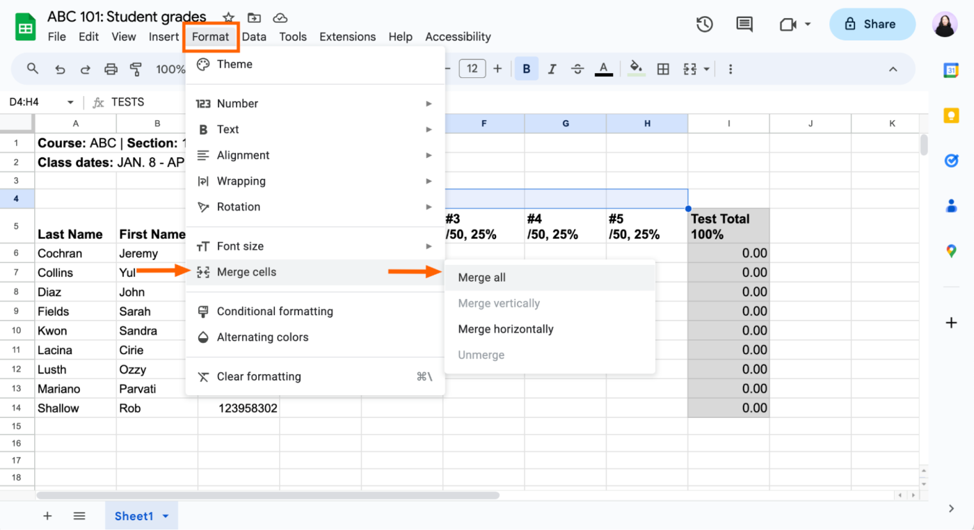 How to merge cells in Google Sheets using the format dropdown. 