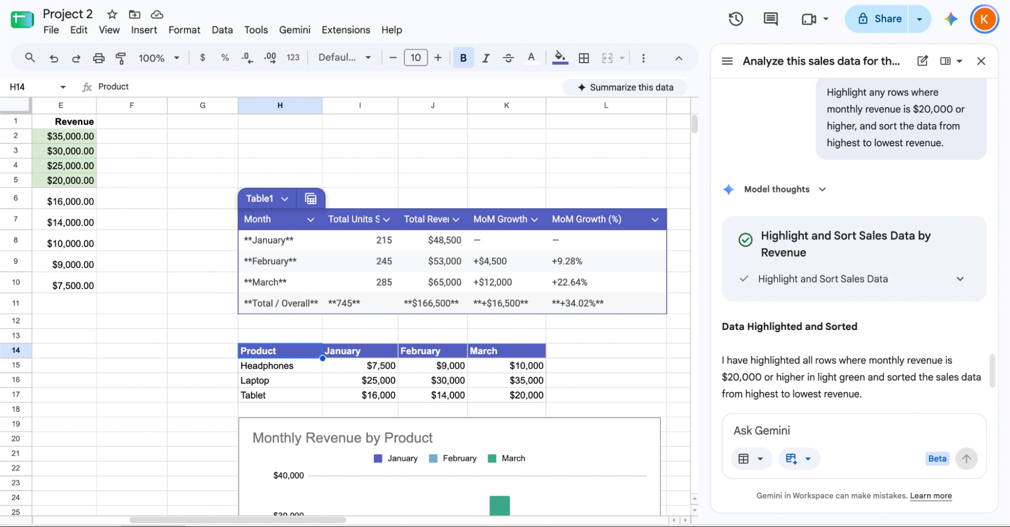 Gemini use in Google Sheets