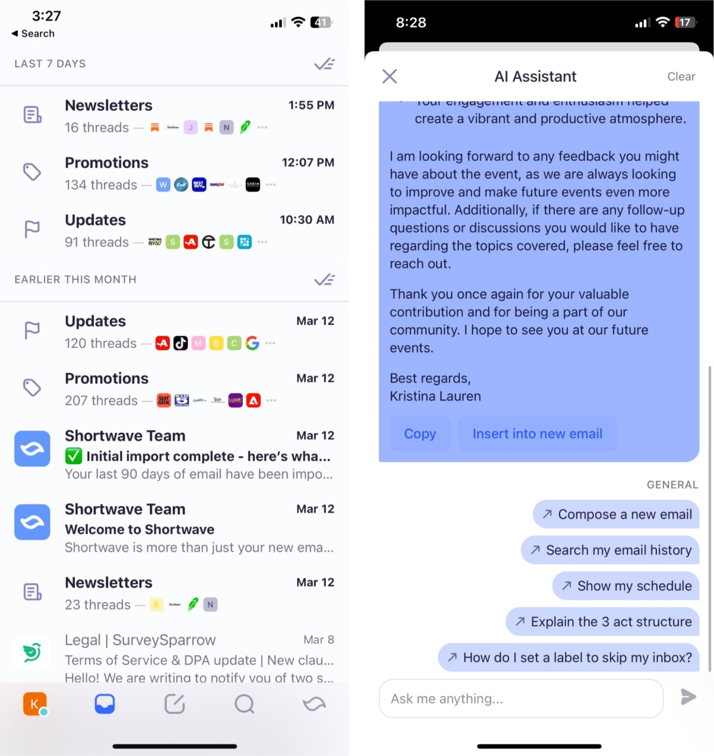 Shortwave, our pick for the best AI email app for Gmail users on iPhone