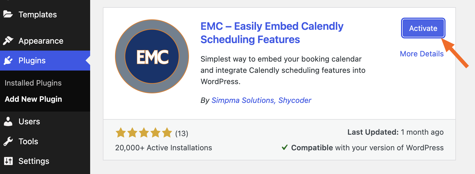 Screenshot of the EMC plugin in WordPress