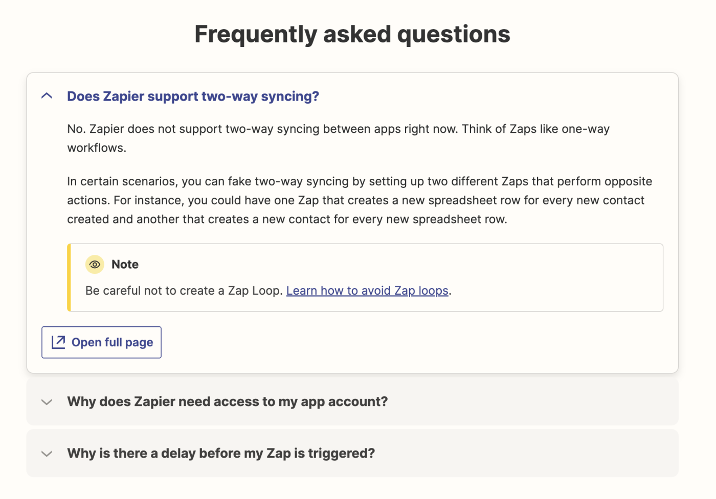 Zapier's FAQ section on its Help Center home page