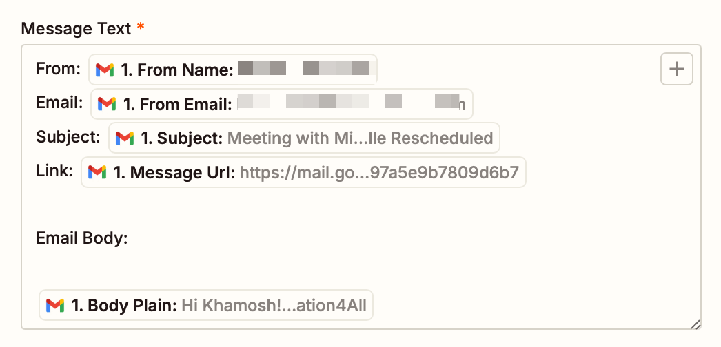 The Message Text field in the Zap editor for a Slack message with a mix of text and data from the previous Gmail step.