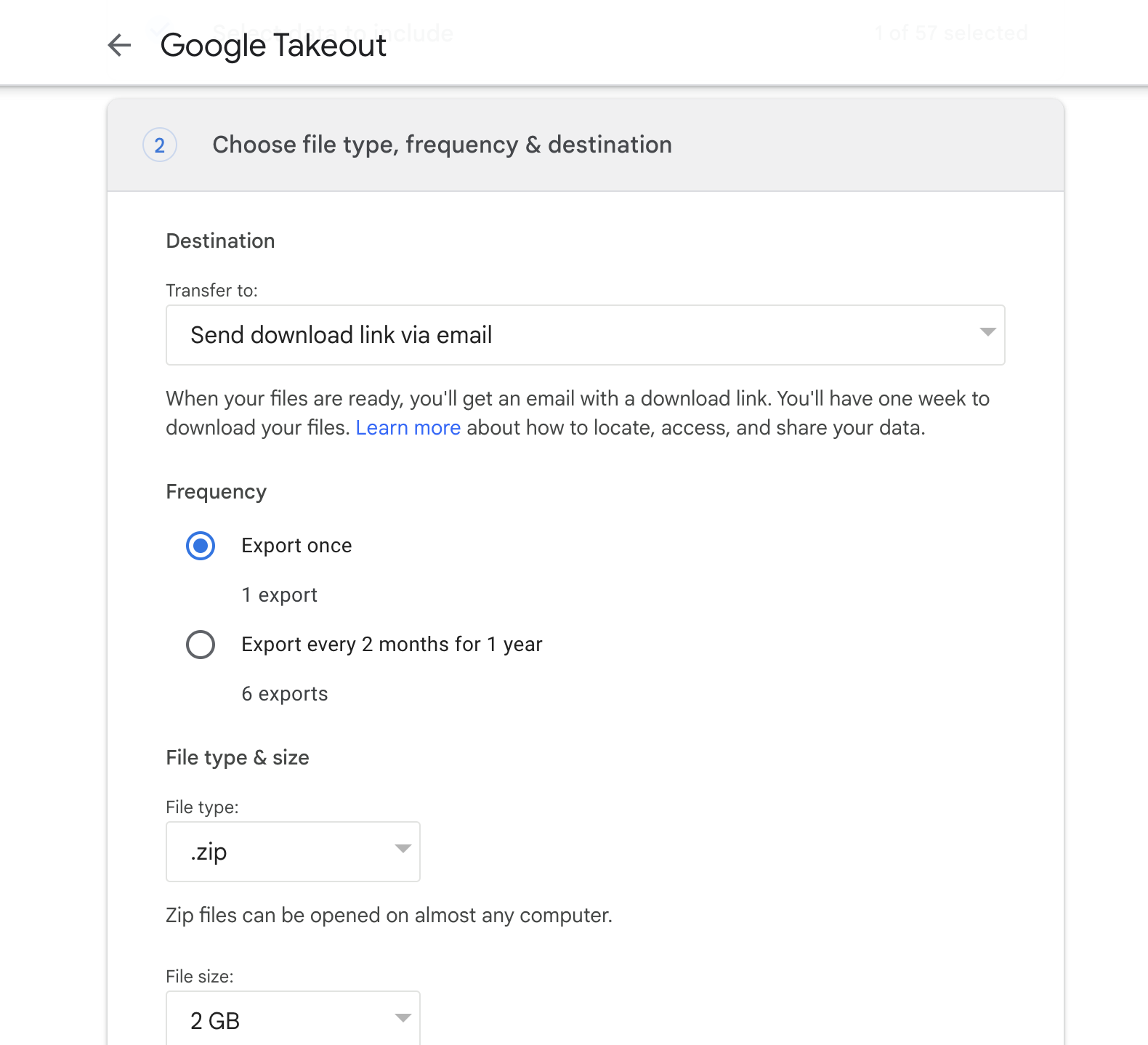 Selecting the file type, frequency, and destination for a Google backup
