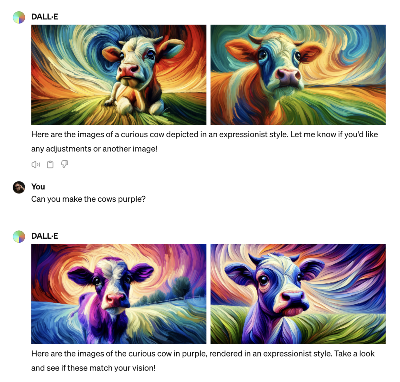 ChatGPT showing a side-view of the existing images after the prompt asked "Can you make the cows purple?"