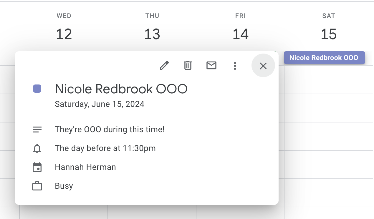 A Google Calendar all day event for Nicole Redbrook's OOO.