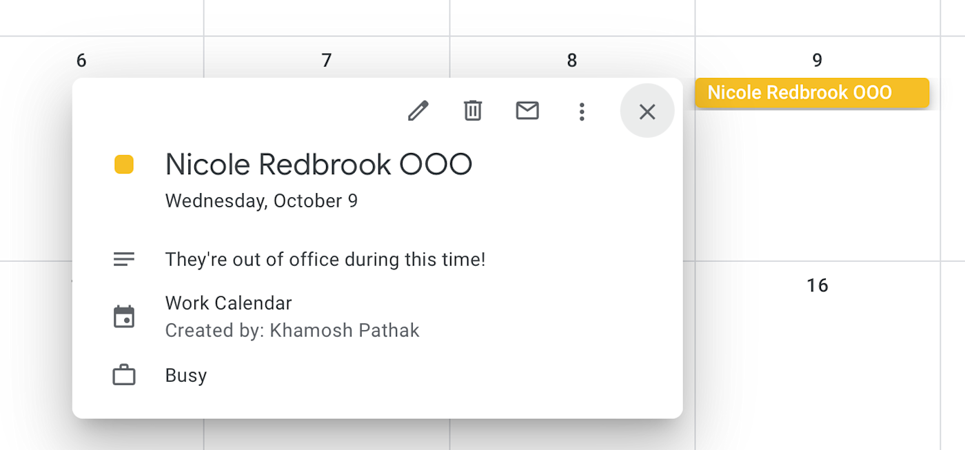 A Google Calendar all day event for Nicole Redbrook's OOO.