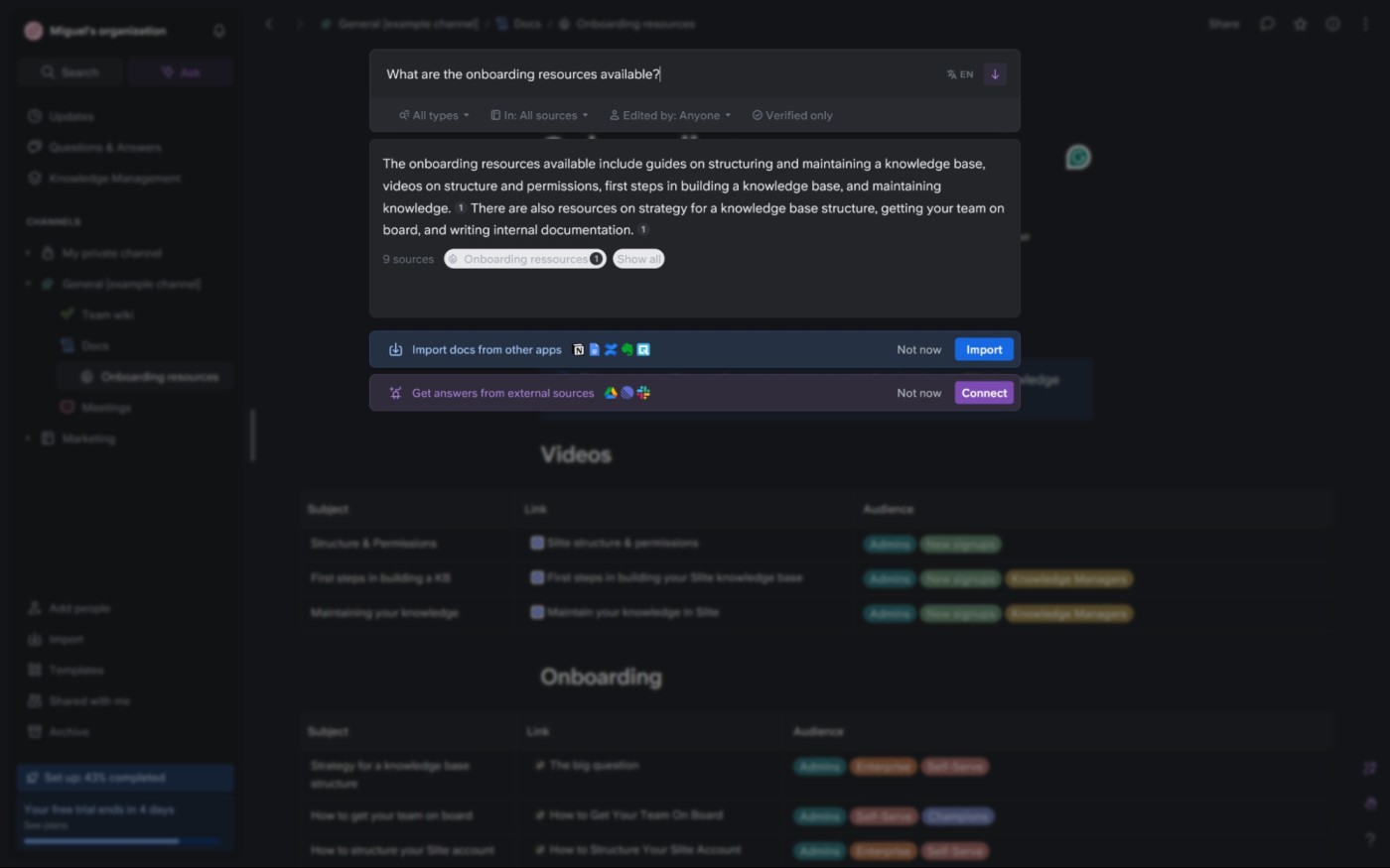 Slite, our pick for the best Notion alternative for managing knowledge with AI features