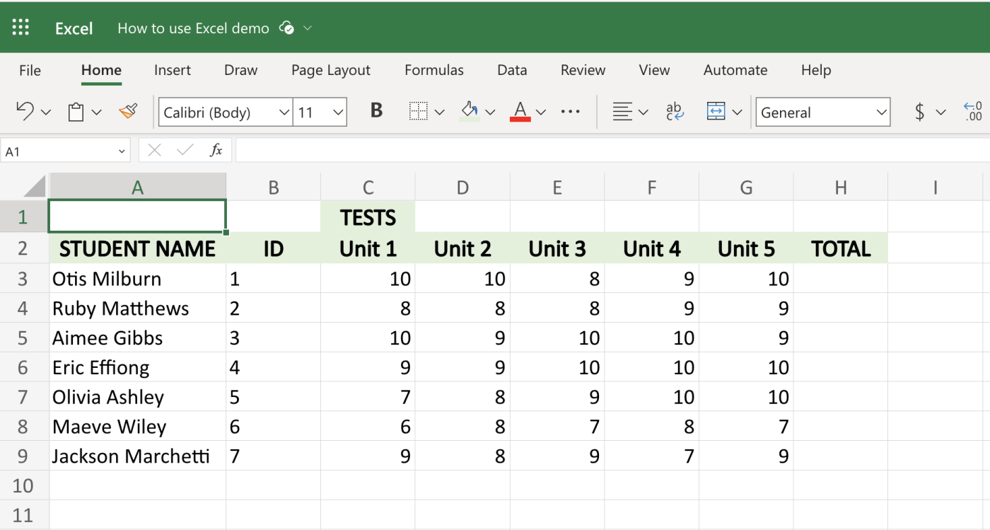 Updated student grade sheet in Excel with text formatting applied to the headers.