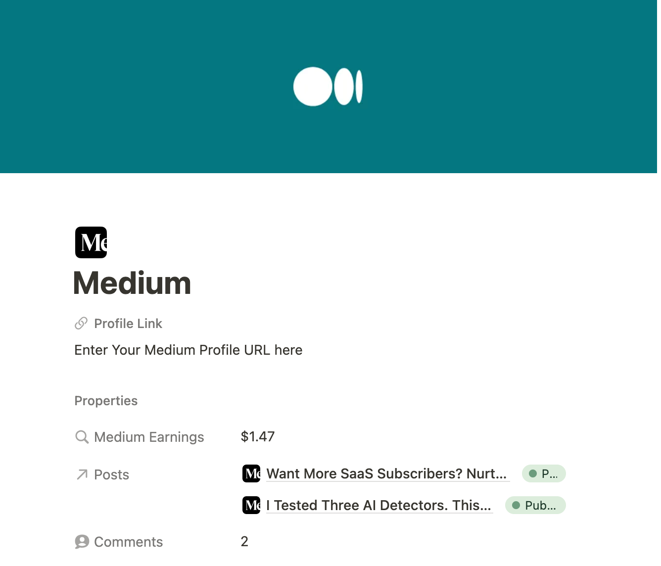 The Medium earnings section in the Notion social media planner template