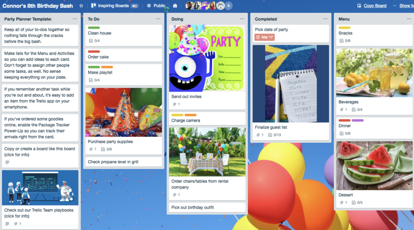 Trello birthday party planning template