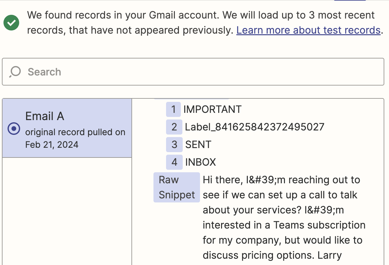 Screenshot of a sample test email being run through the Zap