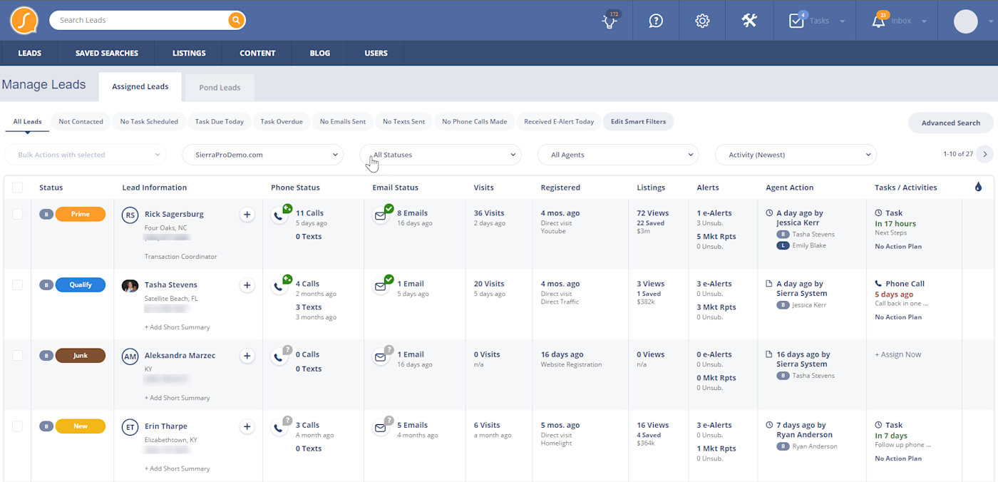 Screenshot of the Sierra Interactive CRM interface