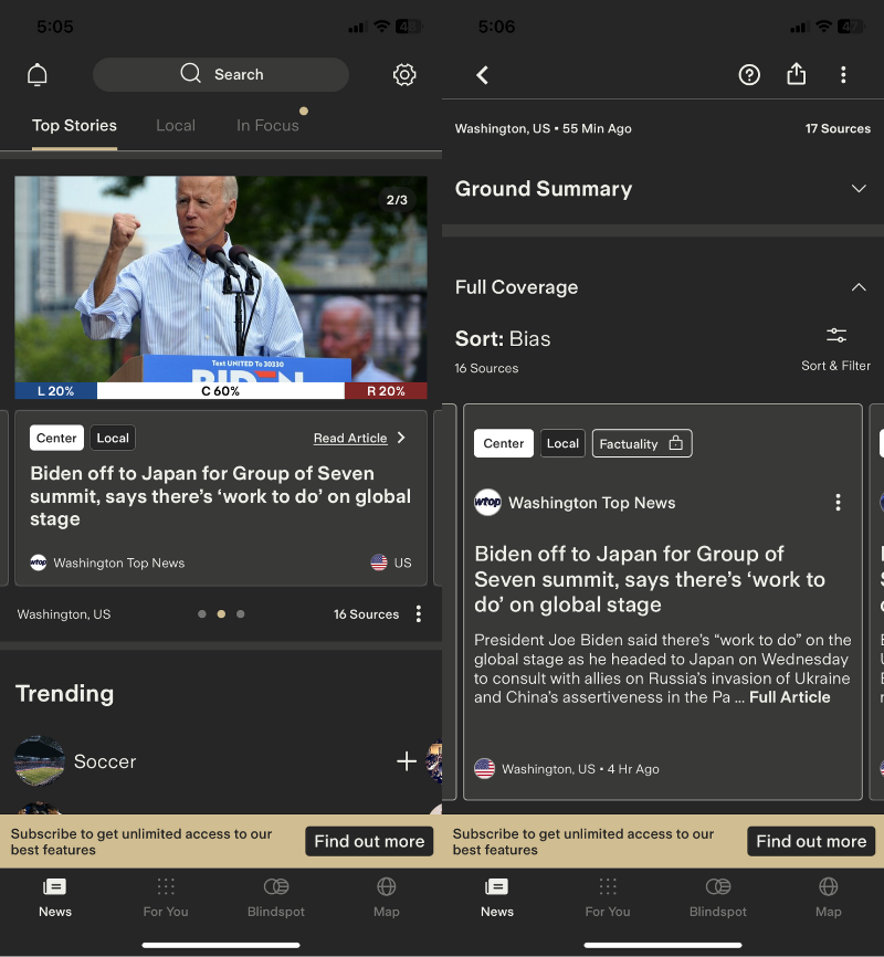 Ground News, our pick for the best news app for understanding political bias