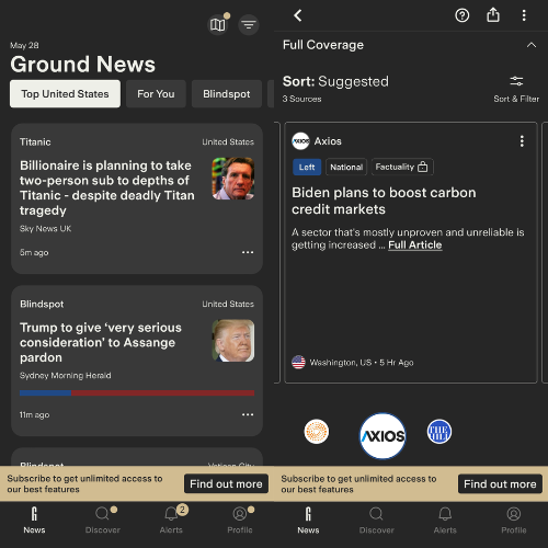 Ground News, our pick for the best news app for understanding political bias