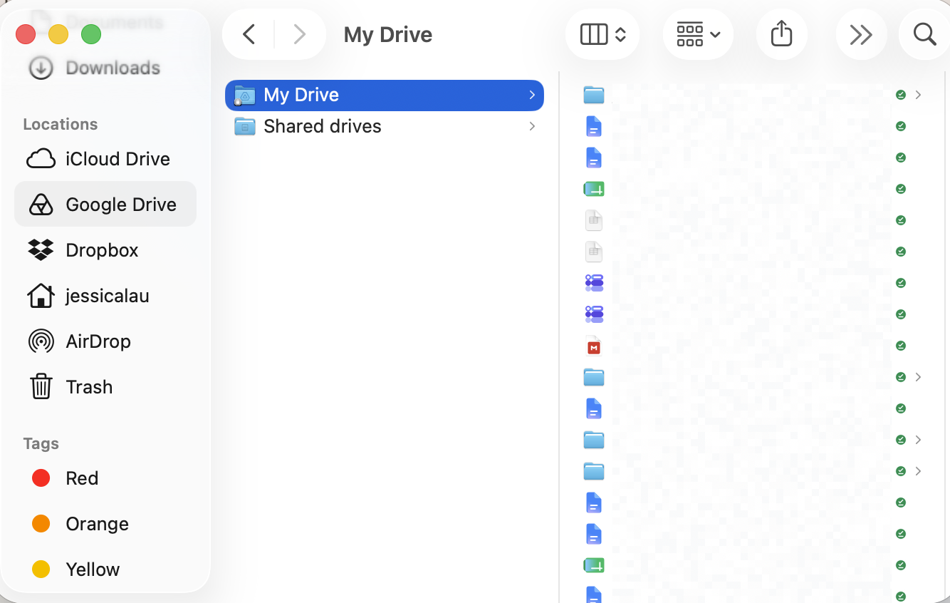 Google Drive folders in a Finder window on Mac.