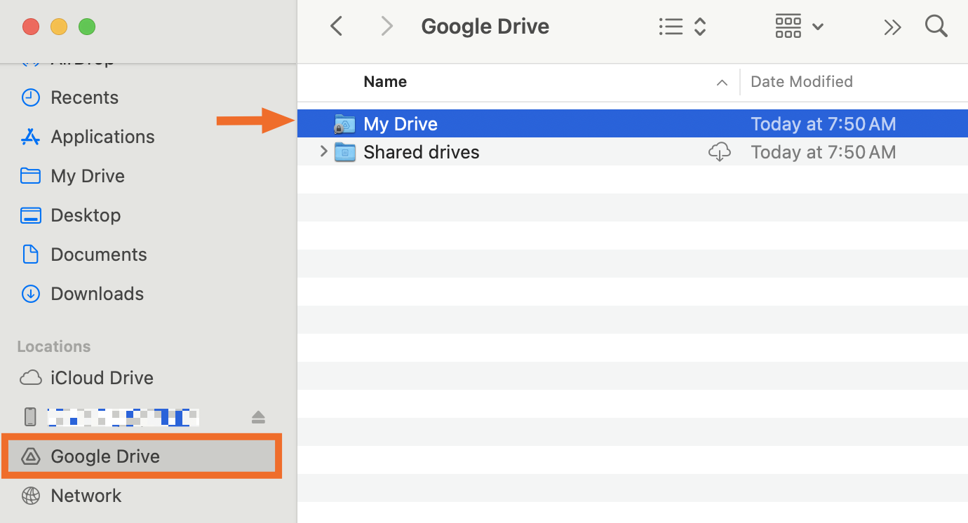 Google Drive folders in a Finder window on Mac. 