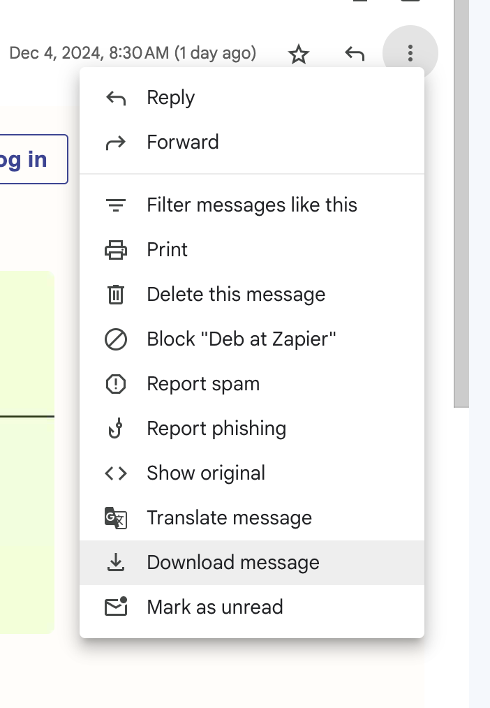 Screenshot of a dropdown menu from Gmail showing options for managing email. "Download message" is highlighted.