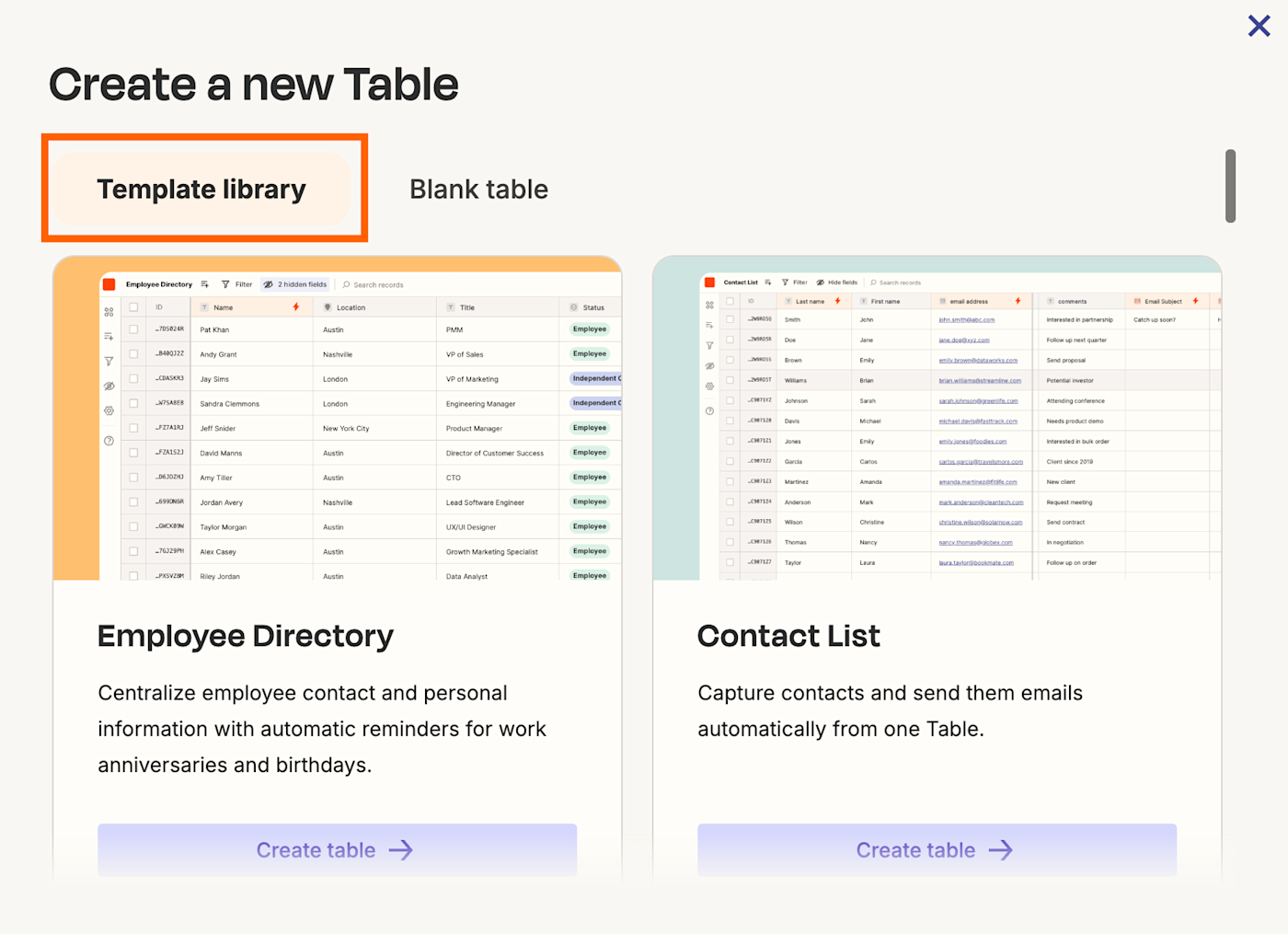 Screenshot of template library in Tables