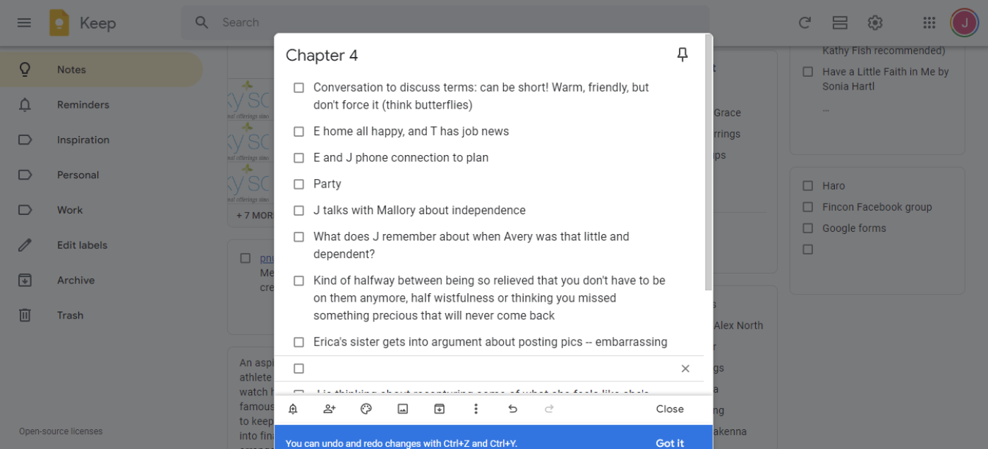 Chapter notes in Google Keep