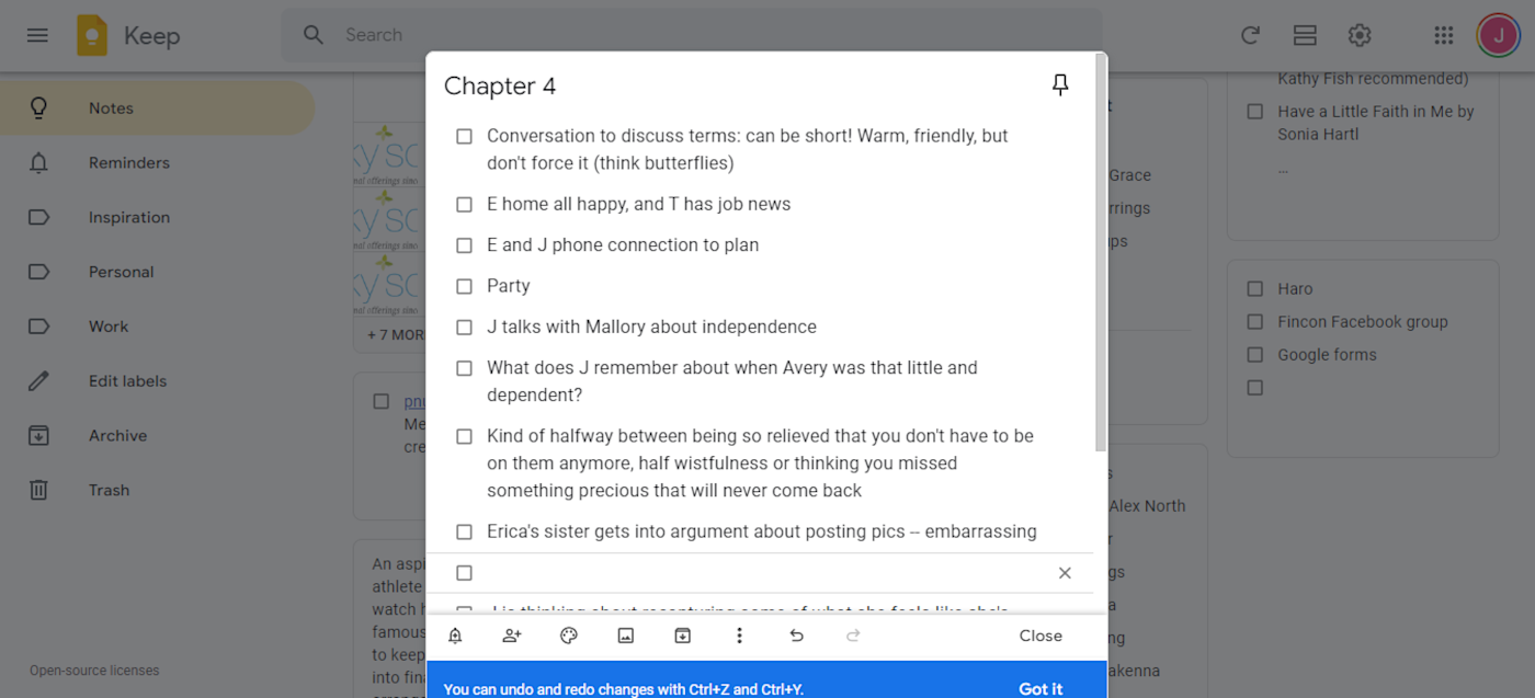 Chapter notes in Google Keep