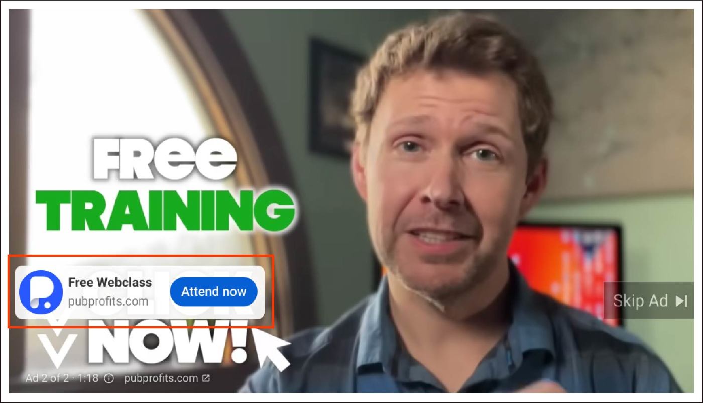 Screenshot of a Video ad on YouTube with a Free Webclass button highlighted under the caption Free Training.