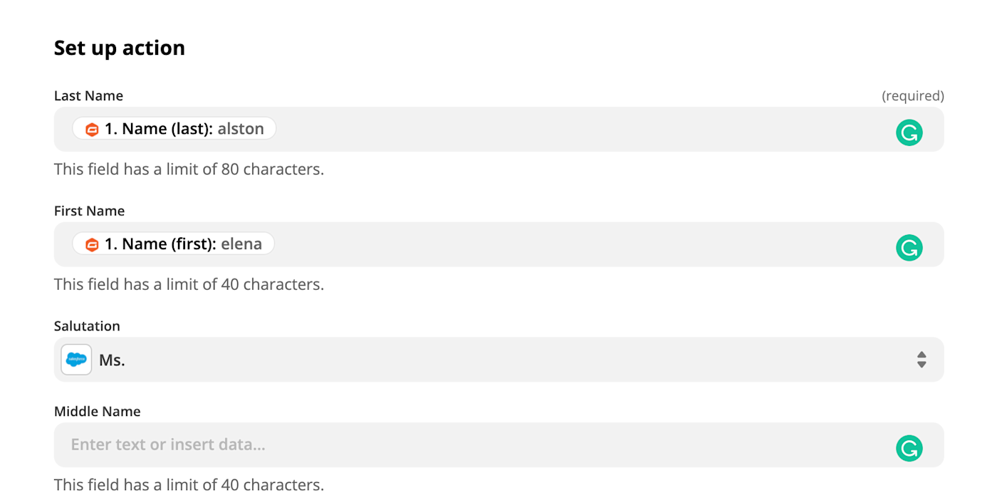 A series of fields under "Set up action".