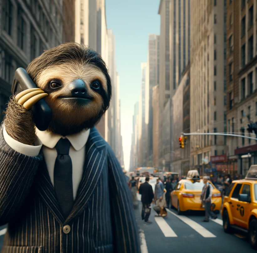 An AI-generated image of a sloth in a suit made of hair