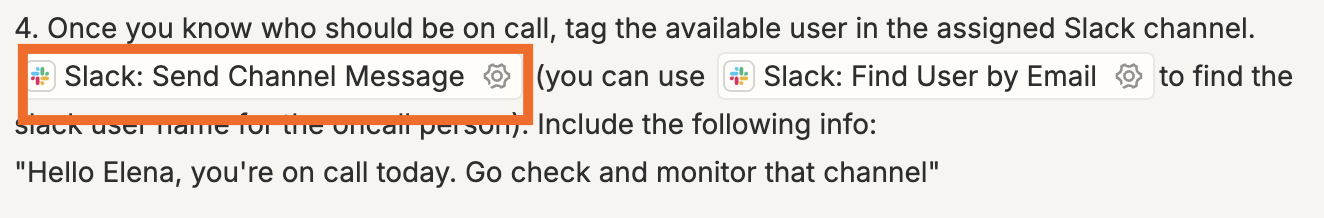 Screenshot of Slack action set up