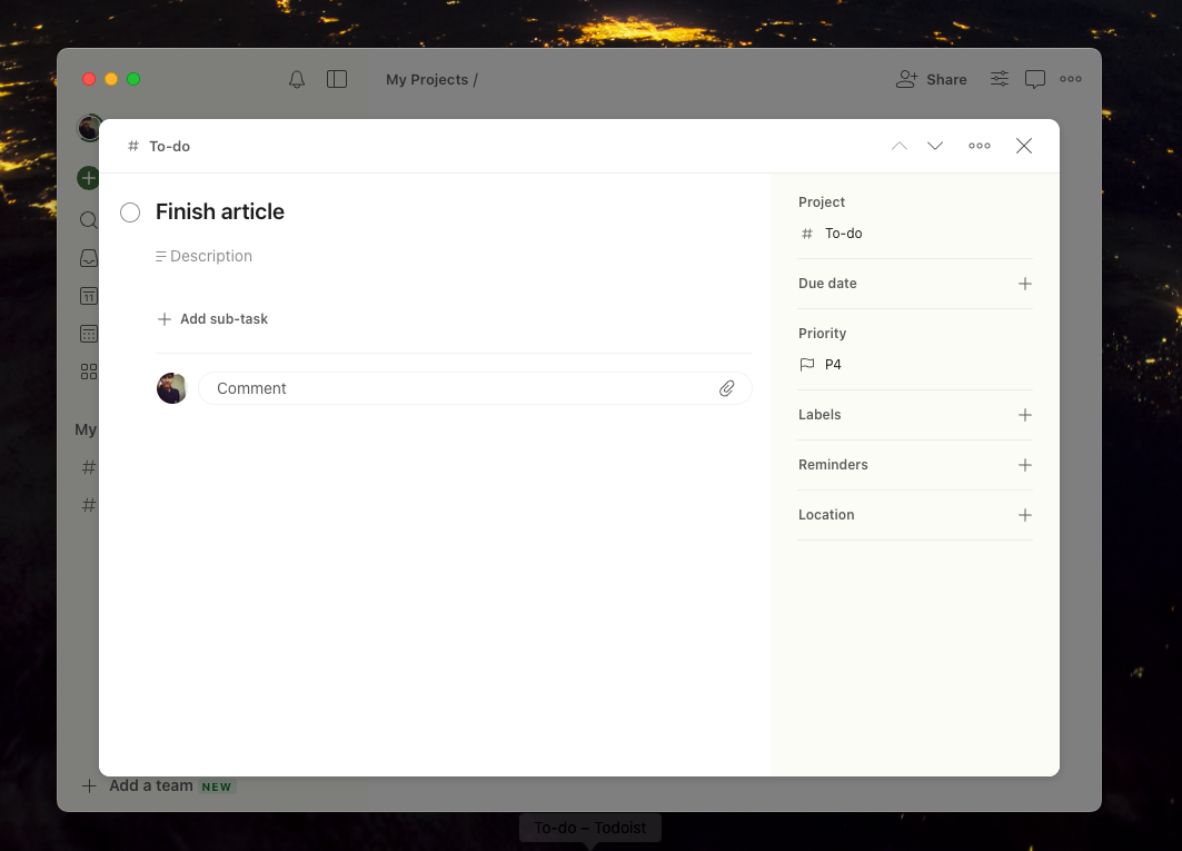 An expanded task in Todoist