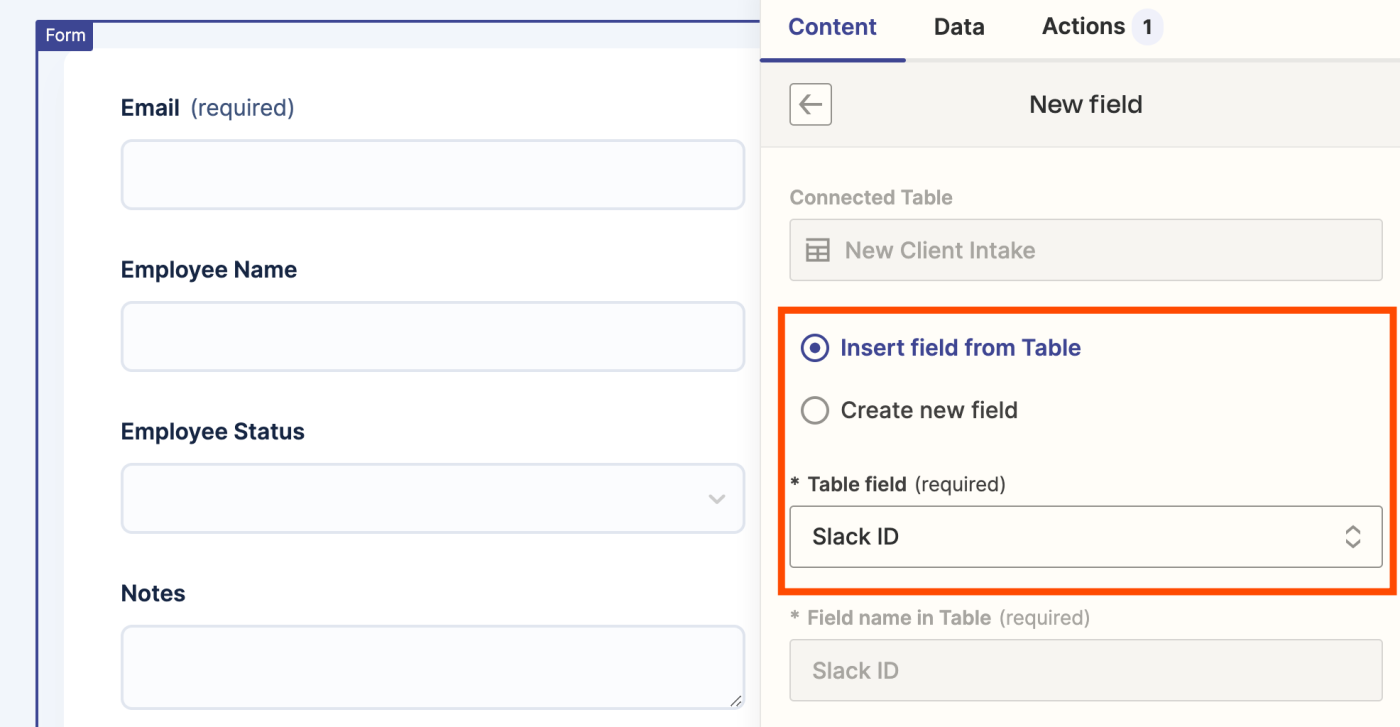 Screenshot of insert field from table option