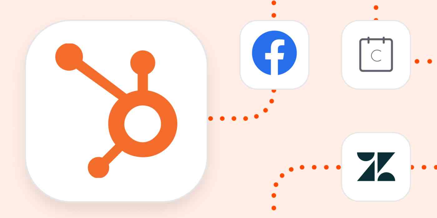 Hero image with the HubSpot logo connected by dots to the logos of Facebook, Calendly, and Zendesk