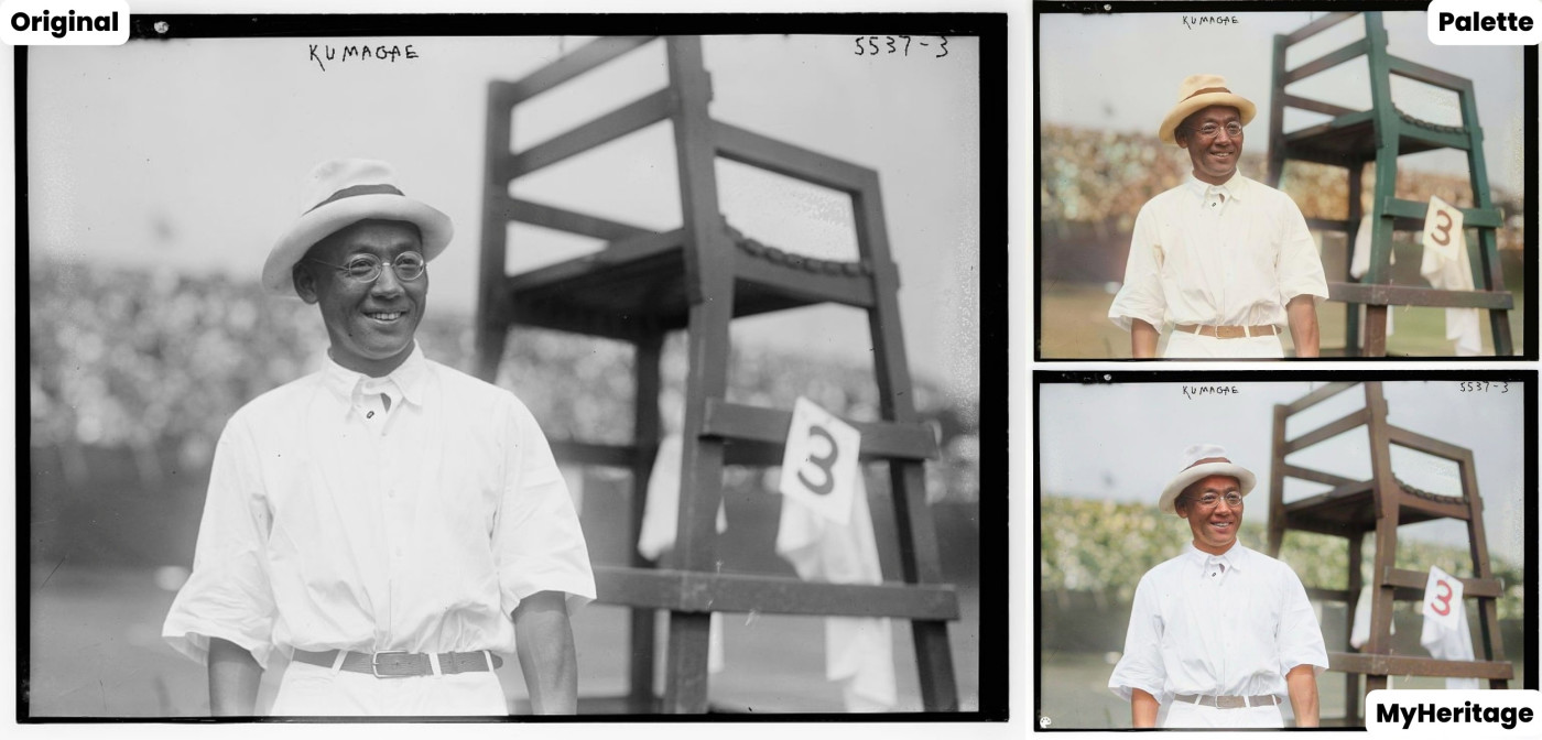 Original photo of Ichiya Kumagae next to the colorized versions from Palette and MyHeritage