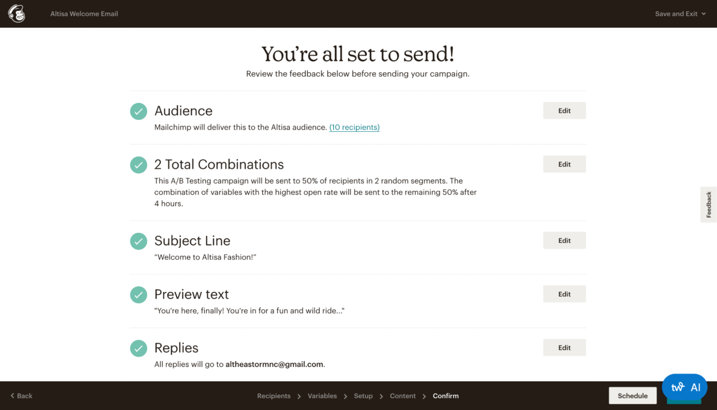 Confirming an A/B test in Mailchimp