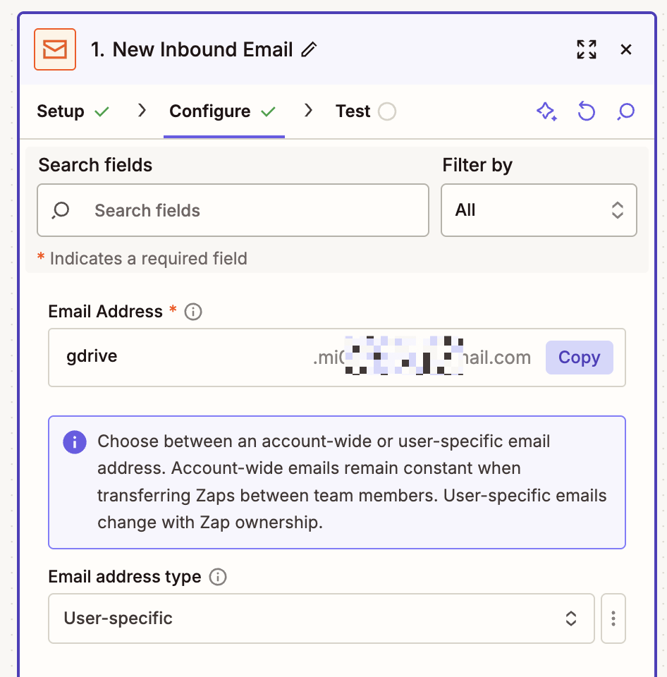 The configuration tab inside an Email by Zapier trigger step
