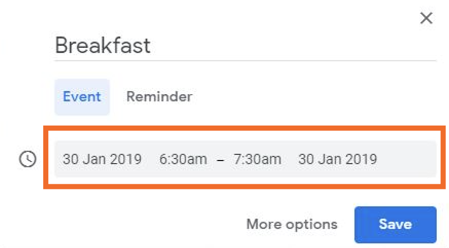 Google Calendar entry for Breakfast, 6:30 to 7:30 a.m.