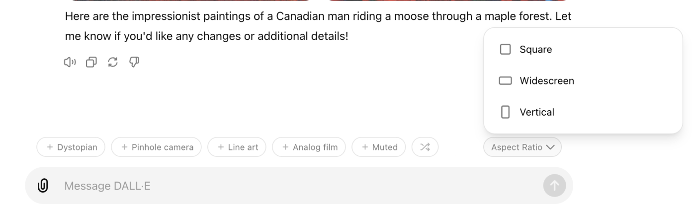 The aspect ratio options in DALL-E 3
