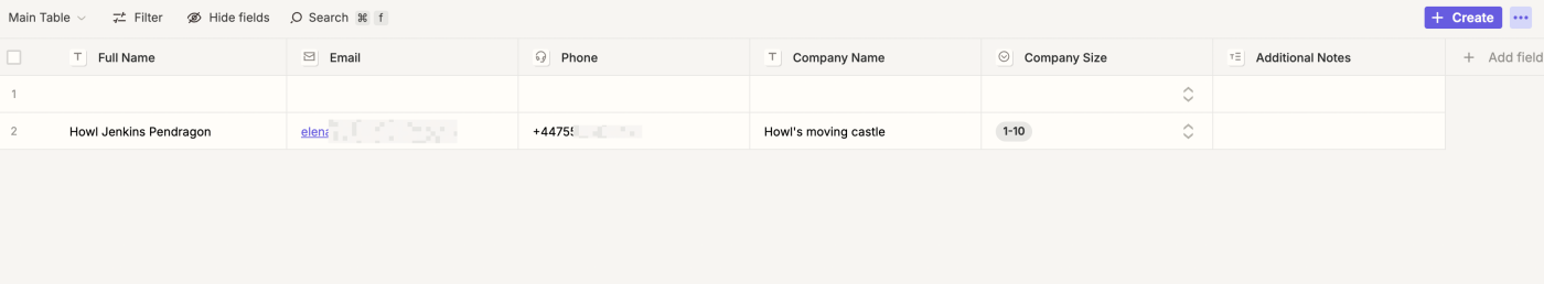 Screenshot of linked table