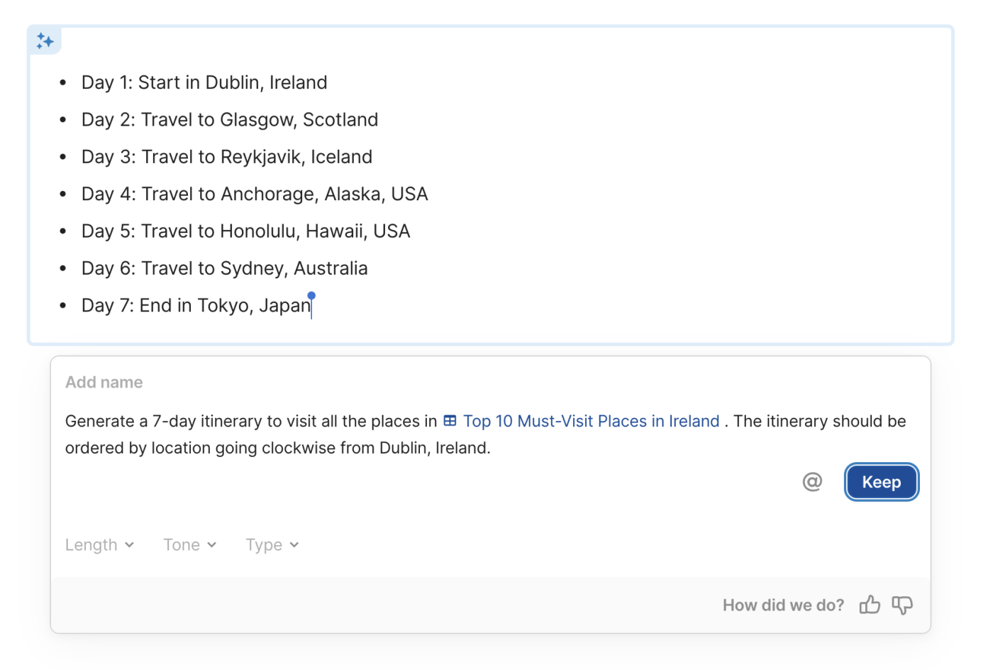 Coda AI-generated seven-day itinerary to visit all the places in the table Top 10 Must-Visit Places in Ireland. The AI-generated result shows an itinerary of different countries, including Ireland, Scotland, Iceland, USA, Australia, and Japan.