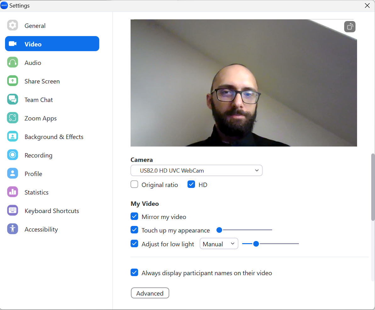 Zoom's advanced video settings