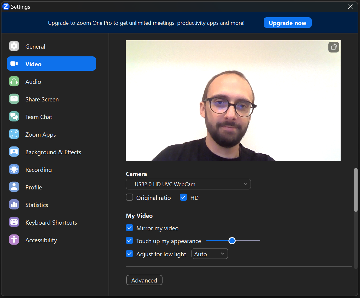 Zoom's advanced video settings