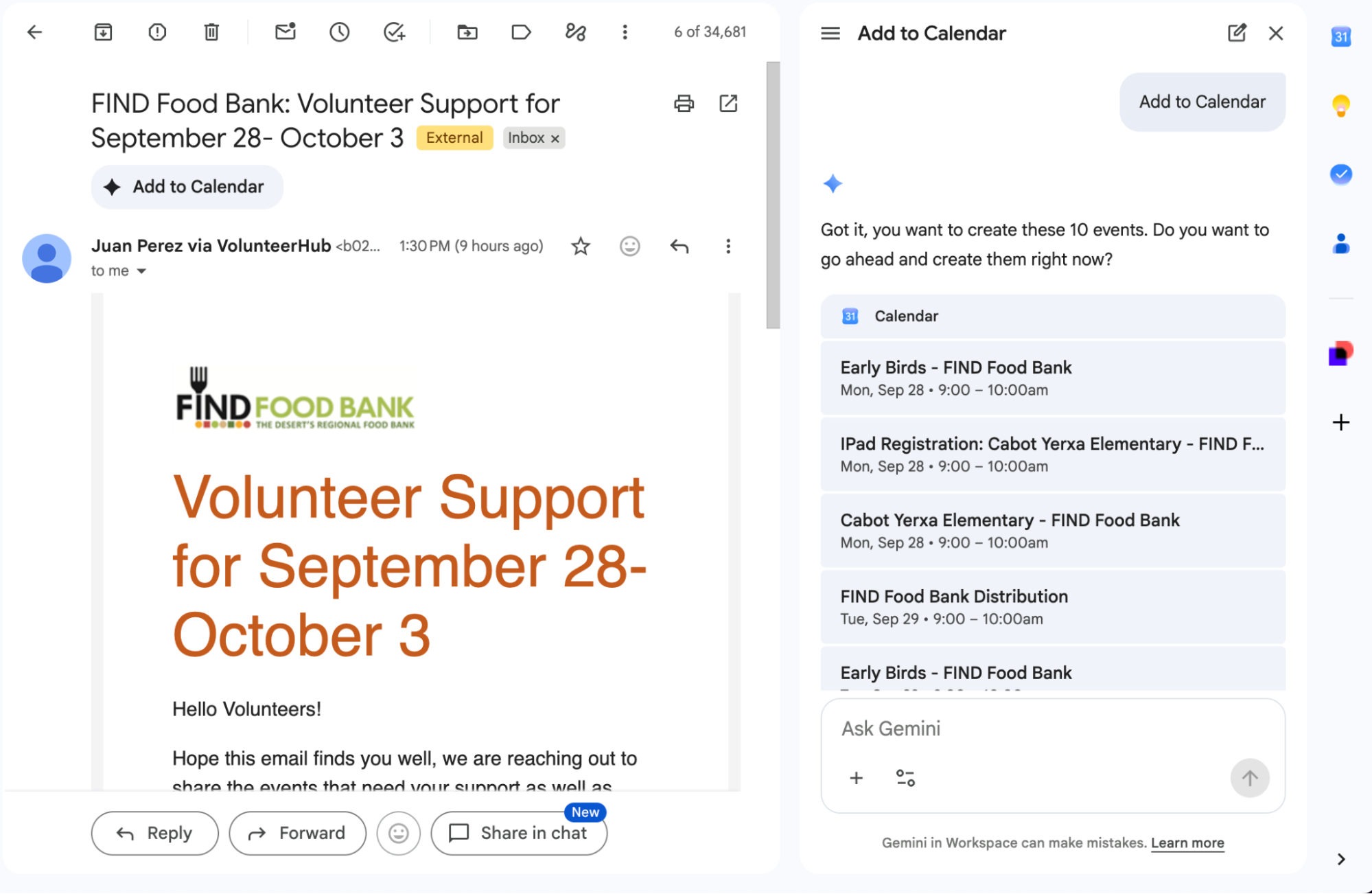 Gemini showing calendar availability in Gmail