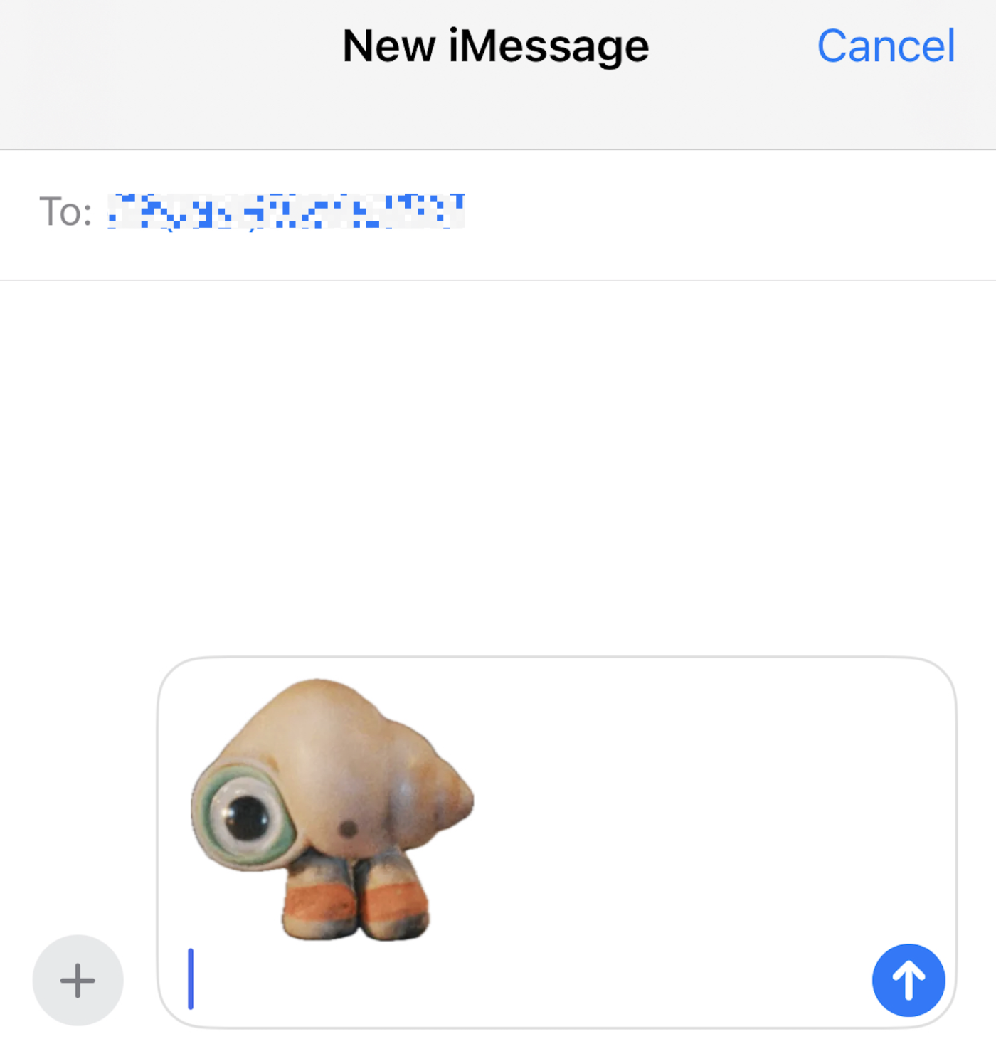 A cutout of Marcel the Shell pasted in the message box of a new iMessage. 